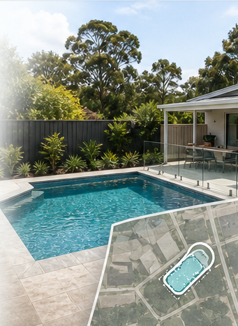 A backyard pool with garden space around it